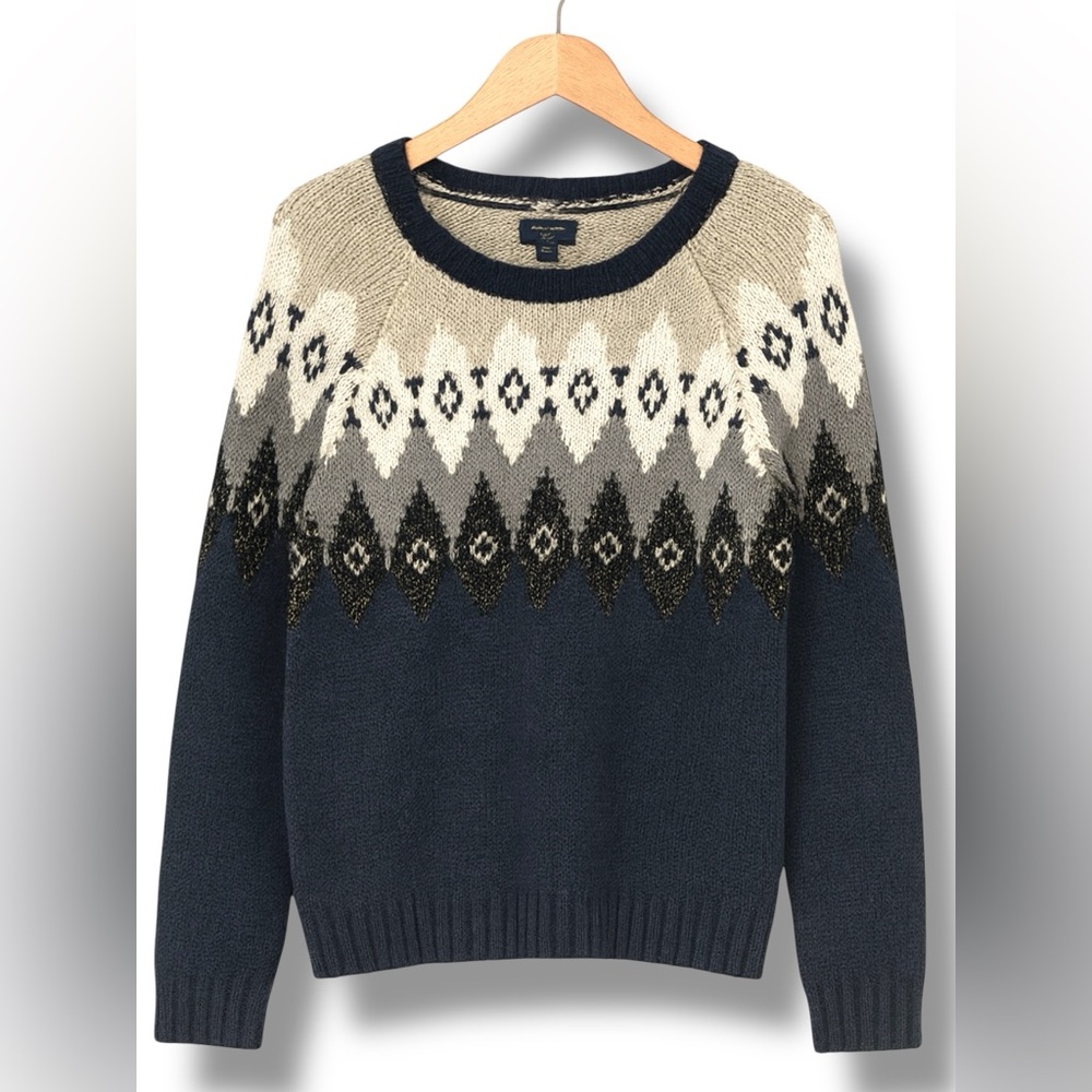 American Eagle Women's Wool Blue Fair Isle Long Sleeve Pull Over Knit Sweater